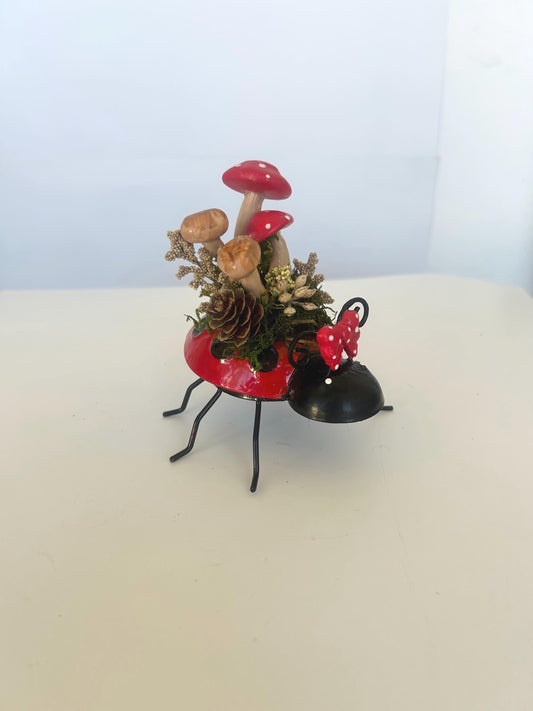 Metal Ladybug Mushroom Fairy Garden Decor