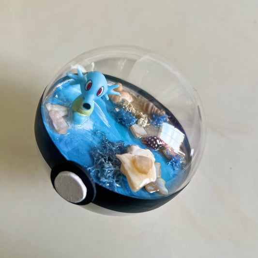 Pokémon ball terrarium, handmade miniature pokeball diorama, poke ball shadow box, horsea pokemom ball, poke cutsie, anime, succulent