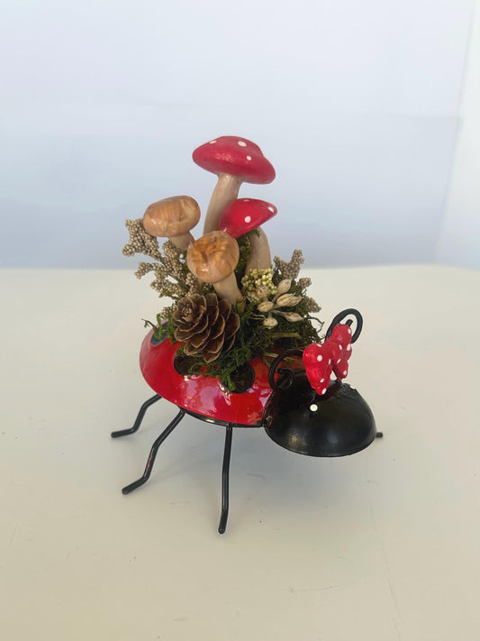 Metal Ladybug Mushroom Fairy Garden Decor
