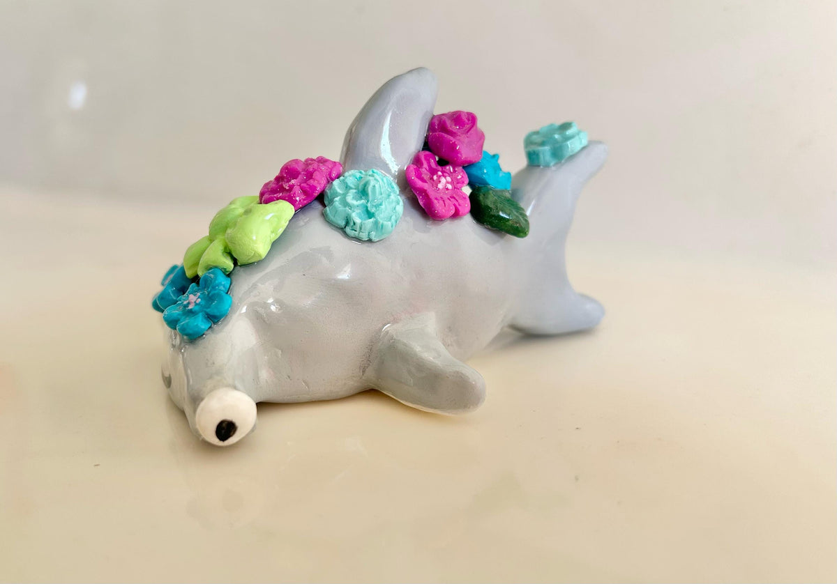 Sculpted hammerhead shark with flowers