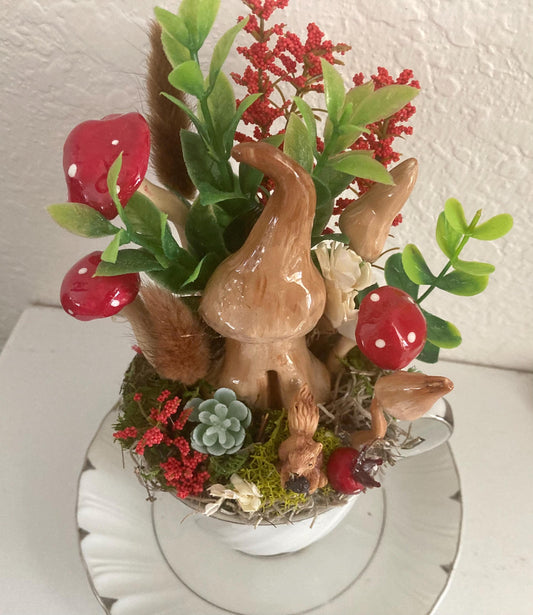 Enchanted Mushroom Fairy Garden in Vintage Teacup