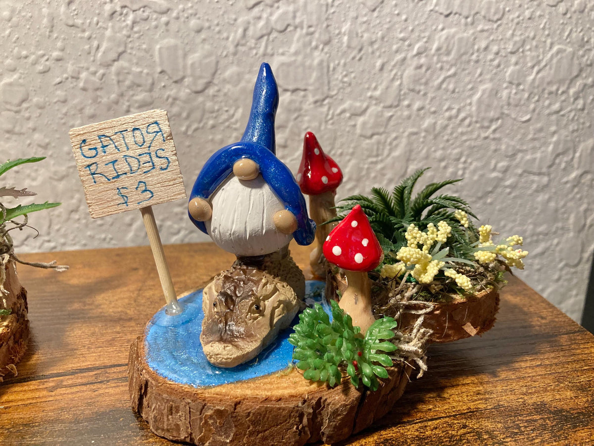 Gnome riding alligator