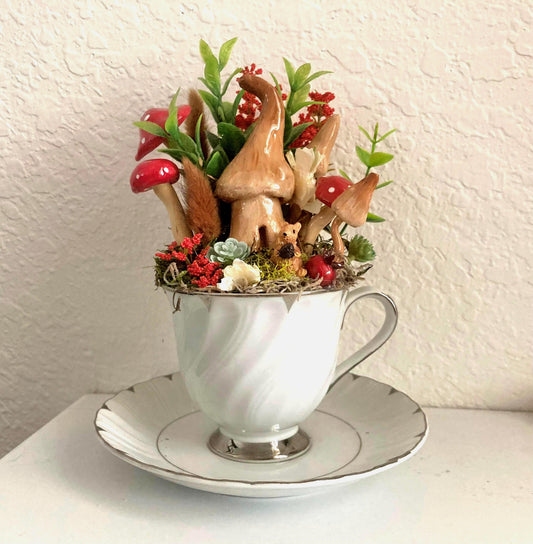 Enchanted Mushroom Fairy Garden in Vintage Teacup